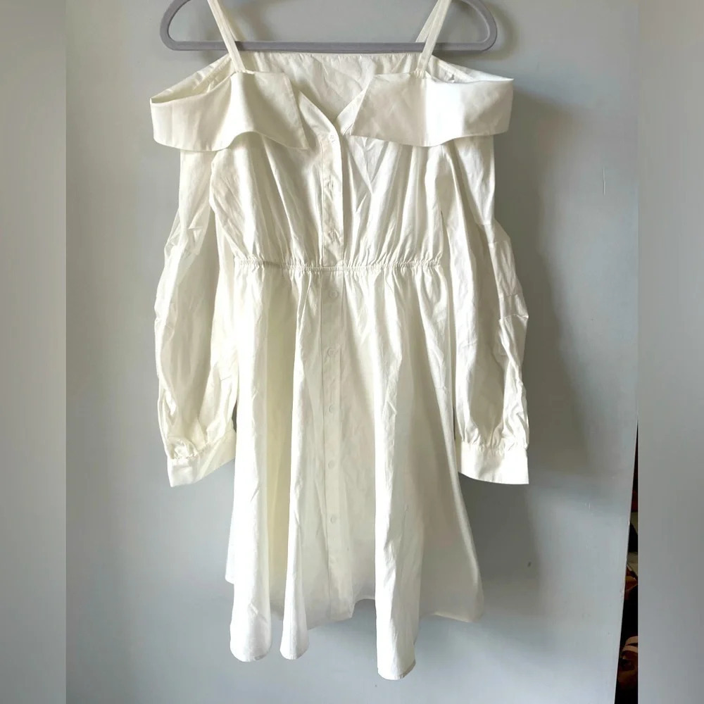 Ledin Paris Women’s Large Designer White Off-shoulder Collared Mini Shirt Dress